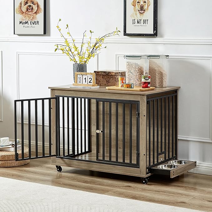 NicBex Dog Crate Furniture Dog Cage with 3 Doors and 2 Feeding Bowls