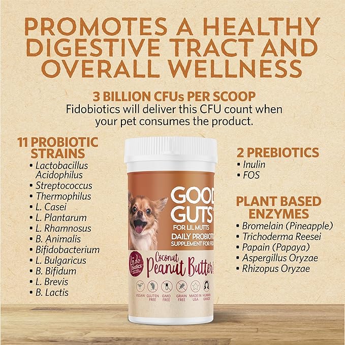 Good Guts for Lil Mutts Probiotic for Dogs 11 Strains, 5 Digestive 2 Prebiotics, (30 Days)