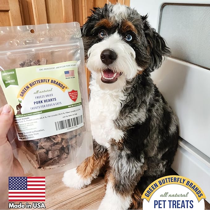Freeze Dried Pork Heart Dog Treats Made in USA. All Natural Freeze-Dried Raw Snacks for Dogs and Cats. Single Ingredient. High Protein