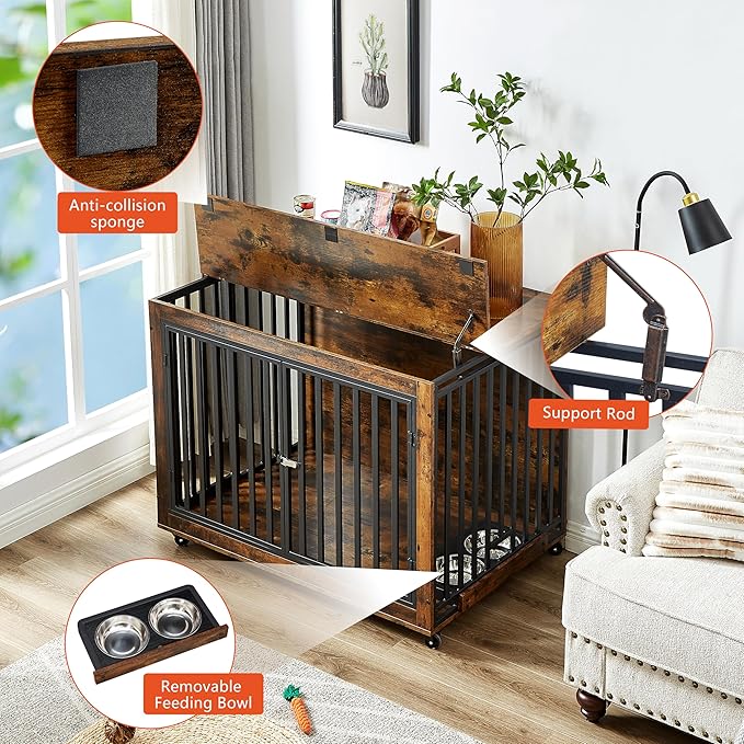 NicBex Dog Crate Furniture Dog Cage with Removable Feeding Bowls and 3 Doors