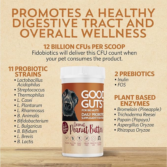 Good Guts for Big Mutts Probiotic for Dogs 12 Billion 11 Strains, 5 Digestive 2 Prebiotics, (20 Days)