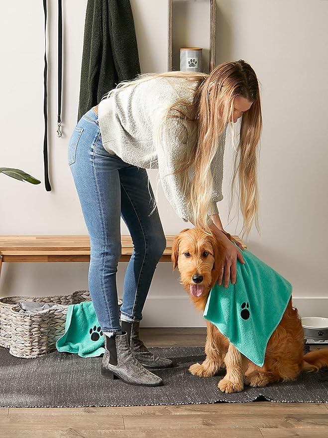 Bone Dry Pet Grooming Towel Collection Embroidered Absorbent Microfiber Drying Set 15x30, Aqua, 3 Count