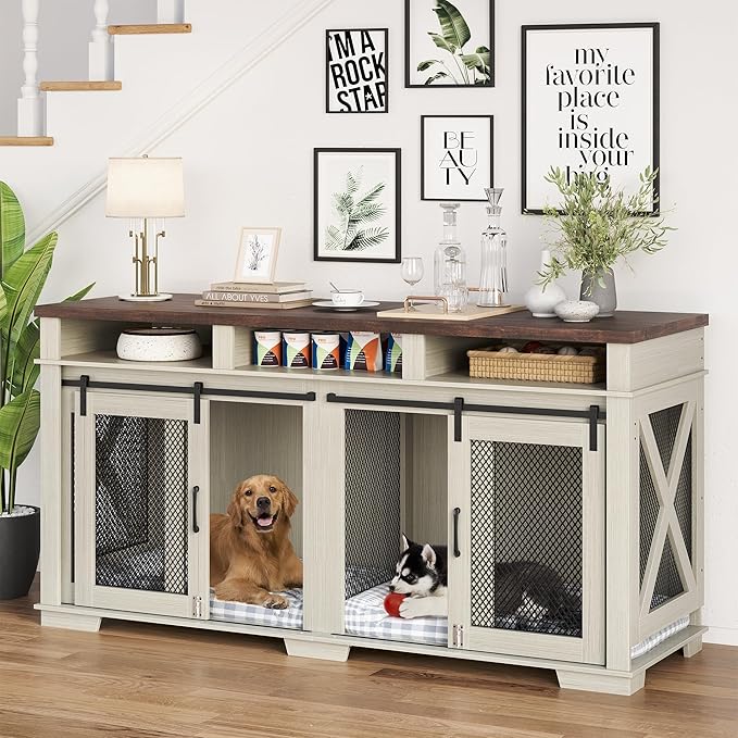 71" Extra Large Dog Crate Furniture 2 Dogs Dogs,3 Storage,White/Dark