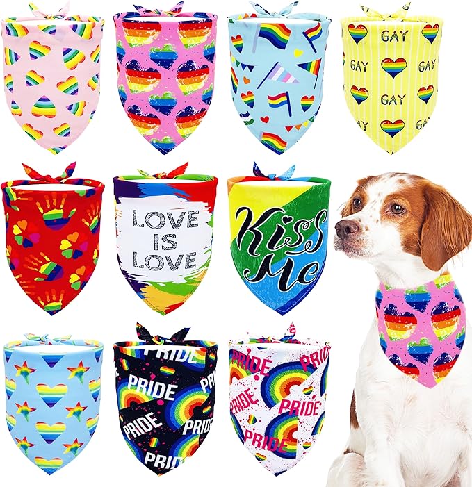 10PCS Pride Day Dog Bandanas with Rainbow Color for Large Extral Large XL XXL Dog Triangle Bibs Scarves Boys and Girls Gay Pride with Love is Love Kiss Me Grooming Accessories Costume