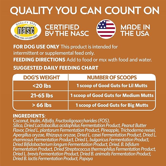 Good Guts for Medium Mutts Probiotic for Dogs 6 Billion 11 Strains, 5 Digestive 2 Prebiotics, (30 Days)