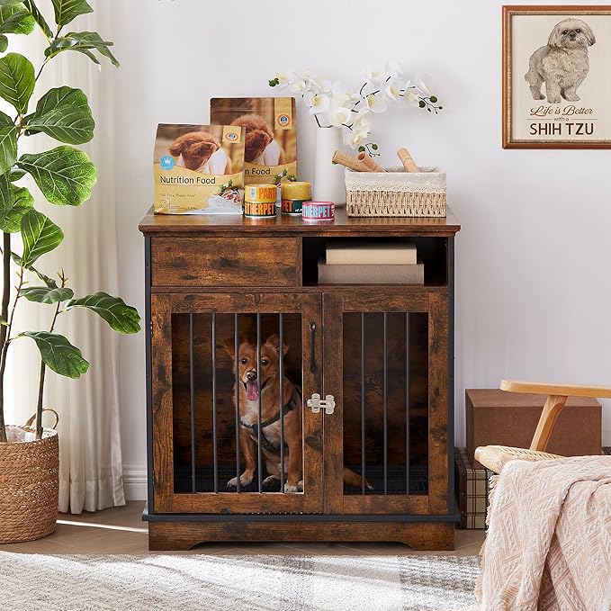 Okak Dog Crate Furniture Style Dog Cage Side Table With Drawers Wooden Dog Crate With Double Sliding Iron Doors Dog Kennel Indoor For Medium/Large Dog Brown,32.28" L
