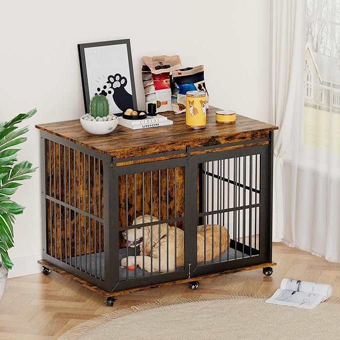 NicBex Dog Crate Furniture Dog Cage with Sliding Iron Doors and Lift Top