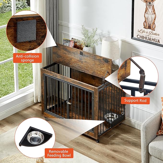 NicBex Dog Crate Furniture Dog Cage with Rotatable Feeding Bowl and 3 Doors