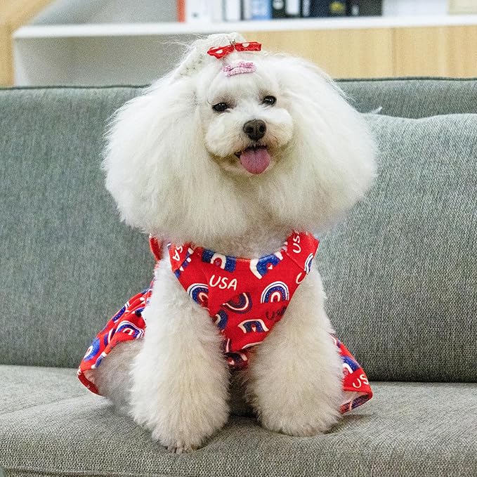 CuteBone Dog Dresses Velvet 4th of July Small Dogs Clothes Onesie Pet Apparel Girl Puppy Skirt with Bow Hair Rope CVA37M