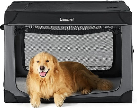 Lesure Soft Collapsible Dog Crate 42 Inch 4-Door Foldable