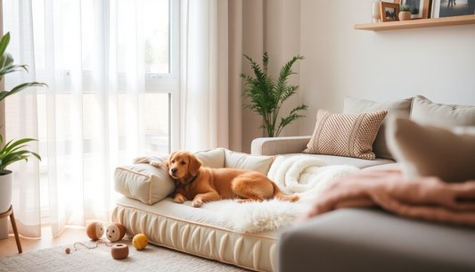 Cozy pet space with comfortable bed, toys, and a peaceful atmosphere for a happy pet.
