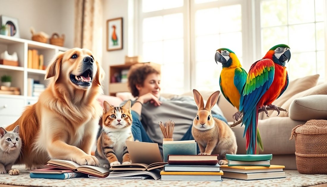 Happy pet owner with dog and cat, representing choosing the right pet for your lifestyle.