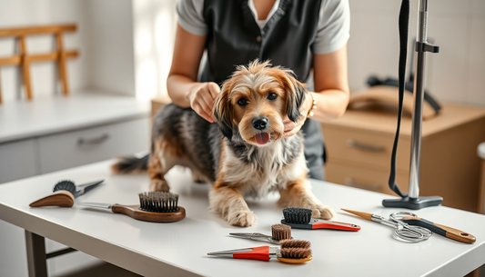 Dog grooming tools laid out on a table