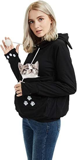 jessie Womens Pouch Hoodie Big Kangaroo Little Pet Dog Cat Carrier Sweatshirts (Black