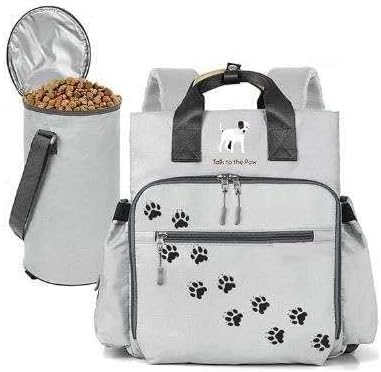 Dog Travel Bag - Dog Backpack Organizer - Pet Travel Kit Airline Compliant - Includes Large Pad, Food Canister and Bowls (Gray, Paw Prints)