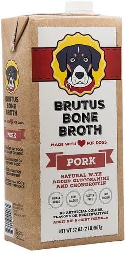 Brutus Bone Broth for Dogs | All Natural | Made in USA | Glucosamine & Chondroitin for Healthy Joints | Human Grade Ingredients | Hydrating Dog Food Topper, Gravy & Treat (Pork)