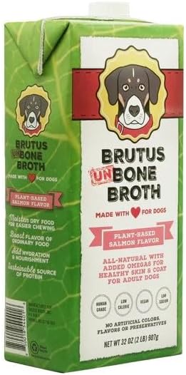 Brutus Vegetable Broth for Dogs 64 oz | All Natural | Made in USA |Omegas & Turmeric for Healthy Skin & Coat |Human Grade Ingredients |Hydrating Dog Food Topper, Gravy & Treat Salmon