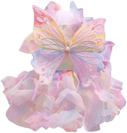 Dog Princess Dresses for Small Dogs Lolita Clothes Butterfly Costume Pet Girl Cute Coat Outfits Summer Costumes Puppy Handmade Skirt Cat Spring (M,Rainbow Faery)