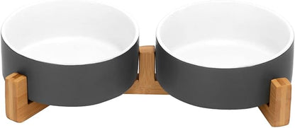 SPUNKYJUNKY Ceramic Dog and Cat Bowl Set with Wooden Stand, Modern Cute Weighted Food Water Set for Small Size Dogs (13.5OZ) & Medium Sized Dogs (28.7OZ) & Cats (1.7 Cups, 2 × White-Grey)