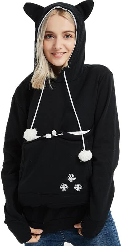 jessie Womens Pouch Hoodie Big Kangaroo Little Pet Dog Cat Carrier Sweatshirts (Black