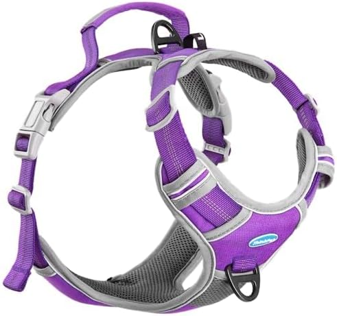 ThinkPet No Pull Harness Breathable Sport Harness with Handle-Dog Harnesses Reflective Adjustable for Medium Large Dogs,Back/Front Clip for Easy Control XL Neon Purple