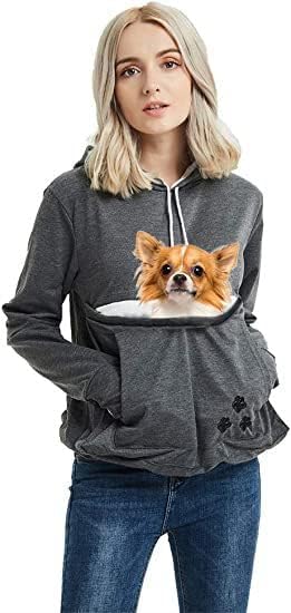 jessie Womens Pouch Hoodie Big Kangaroo Little Pet Dog Cat Carrier Sweatshirts (Dark Grey