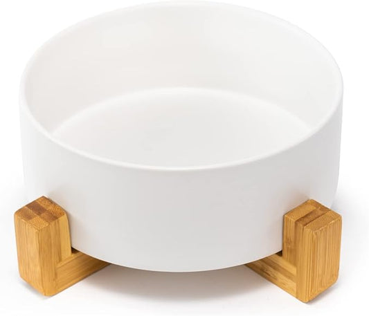 SPUNKYJUNKY Ceramic Dog and Cat Bowl with Wooden Stand, Modern Cute Weighted Food Water Bowl for Large Dogs & Cats White