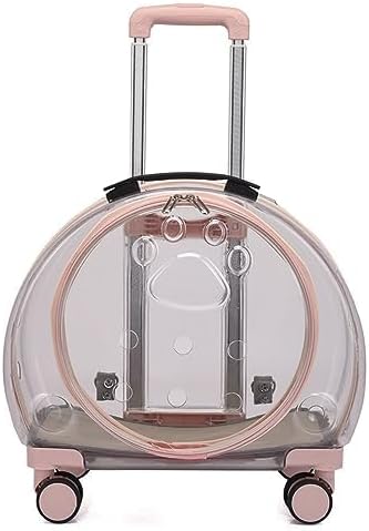 Cat Carrier with Wheels, Acrylic Rolling Cat Carrier with Retractable Pull Rods and Swivel Wheels, Comfortable and Breathable Pet Carrier with Wheels for Small Pets Kittens Dogs Rabbits(Light Pink)