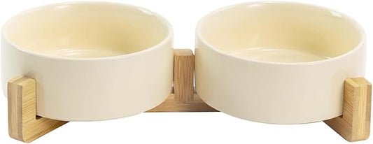 SPUNKYJUNKY Ceramic Dog and Cat Bowl Set with Wooden Stand, Modern Cute Weighted Food Water Set for Small Size Dogs (13.5OZ) & Medium Sized Dogs (28.7OZ) & Cats (1.7 Cups, 2 × Beige)