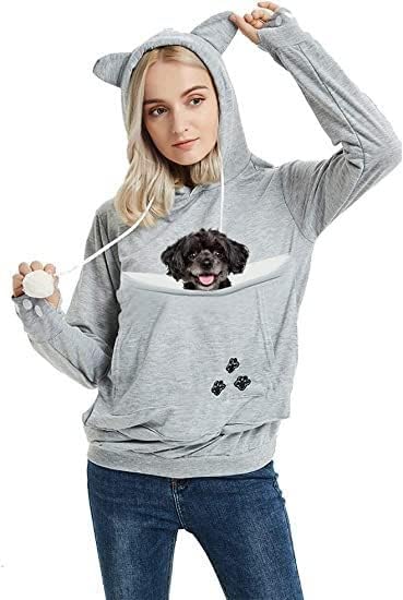 jessie Womens Pouch Hoodie Big Kangaroo Little Pet Dog Cat Carrier Sweatshirts (Gray