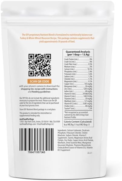 JustFoodForDogs DIY Nutrient Blend for Homemade Dog Food, Turkey & Whole Wheat Macaroni Recipe, 4.02oz