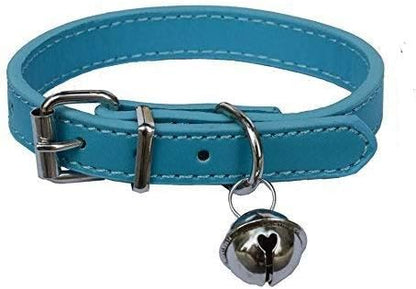 Turquoise Blue Leather Pet Collars for Cats Puppy, Adjustable 8"-10.5" Kitten Collar with Bell