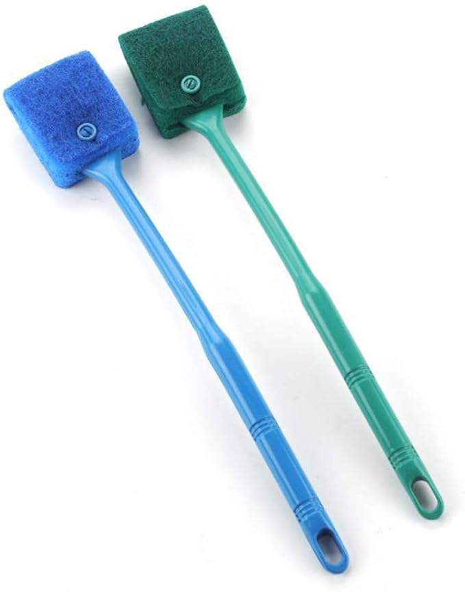 2 Pieces Aquarium Cleaning Brush Fish Tank Cleaning Brush Double-Sided Sponge Brush Long Handle Fish Tank Scrubber for Aquariums and Home(Blue, Green)