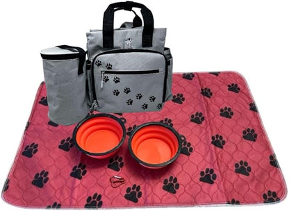 Talk to the Paw - Dog Backpack - Dog Supply Organizer with Blanket, Collaspable Bowls and Food Canister - Weekend Pet Travel - Pet Travel Airline Compliant (red blanket, paw prints)