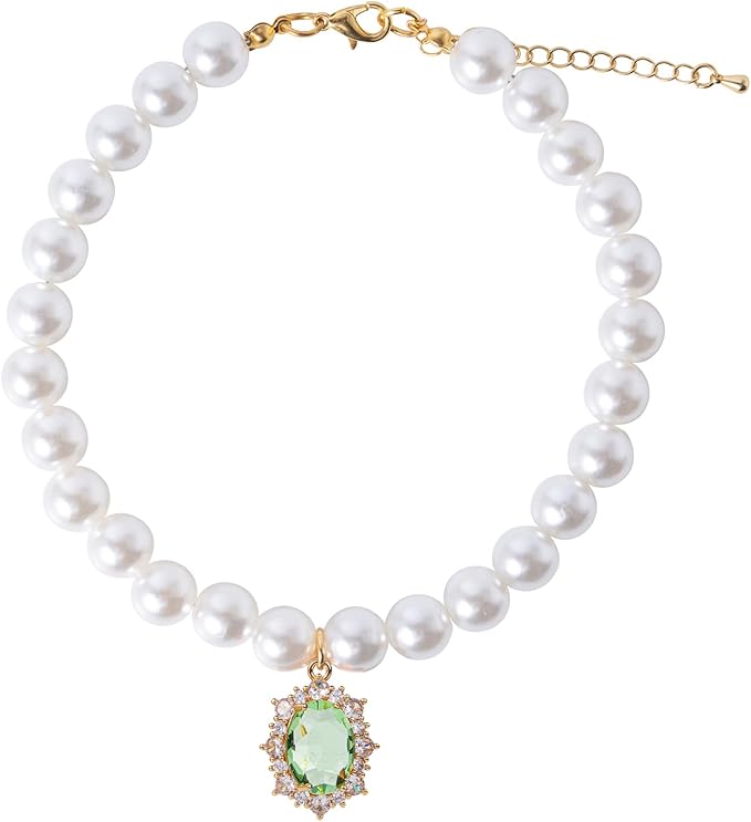 Pearl Dog Collar Elegant Oval Crystal Rhinestone Necklace Pet Jewelry for Cats Small Dogs Puppy Yorkie Chihuahua Cat Wedding Collar (Green