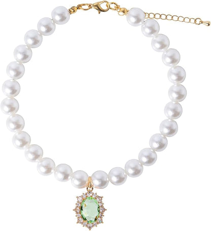 Pearl Dog Collar Elegant Oval Crystal Rhinestone Necklace Pet Jewelry for Cats Small Dogs Puppy Yorkie Chihuahua Cat Wedding Collar (Green