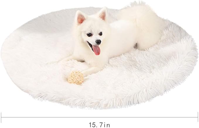 16 Inch Plush Dog Bed Mat Warm Fluffy Round Puppy Crate Pad with Anti-Slip Waterproof Bottom Soft Comfy Pet Kennel Mat for Small and Medium Dogs Sleeping(White)