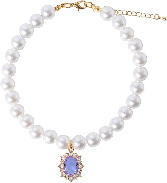 Pearl Dog Collar Elegant Oval Crystal Rhinestone Necklace Pet Jewelry for Cats Small Dogs Puppy Yorkie Chihuahua Cat Wedding Collar (Violet