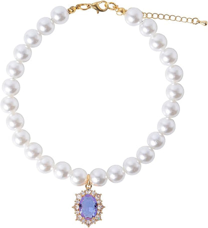 Pearl Dog Collar Elegant Oval Crystal Rhinestone Necklace Pet Jewelry for Cats Small Dogs Puppy Yorkie Chihuahua Cat Wedding Collar (Violet