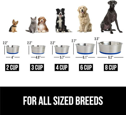 Gorilla Grip Stainless Steel Metal Dog Bowl Set of 2, Rubber Base, Heavy Duty Feeding Dishes, Food Grade BPA Free, Less Sliding, Quiet Pet Bowls for Cats and Dogs, Holds 3 Cups (24 fl oz), Royal Blue