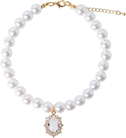 Pearl Dog Collar Elegant Oval Crystal Rhinestone Necklace Pet Jewelry for Cats Small Dogs Puppy Yorkie Chihuahua Cat Wedding Collar (Crystal