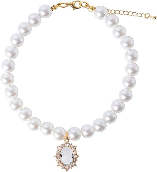 Pearl Dog Collar Elegant Oval Crystal Rhinestone Necklace Pet Jewelry for Cats Small Dogs Puppy Yorkie Chihuahua Cat Wedding Collar (Crystal