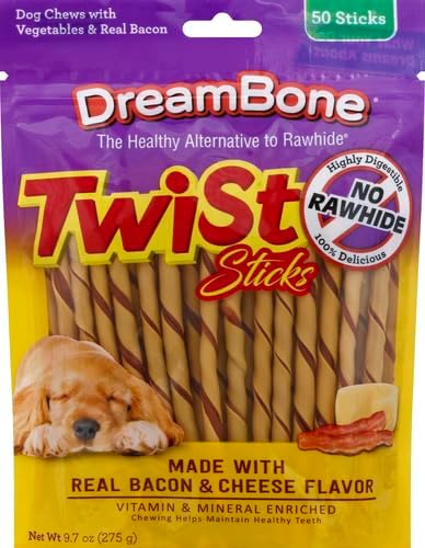 DreamBone Twist Sticks With Real Bacon And Cheese Flavor, Rawhide-Free Chews For Dogs, 50 Count (Pack of 1)