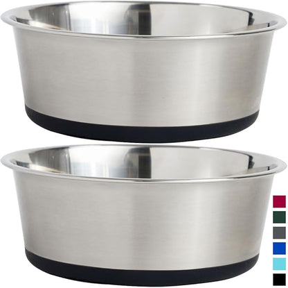 Gorilla Grip Stainless Steel Metal Dog Bowl Set of 2, Rubber Base, Heavy Duty Feeding Dishes, Food Grade BPA Free, Less Sliding, Quiet Pet Bowls for Cats and Dogs, Holds 6 Cups (48 fl oz), Black