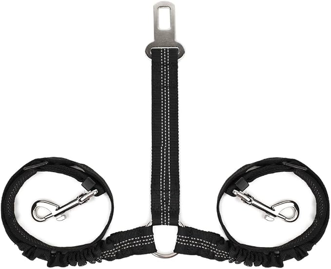 SlowTon Dog Seat Belt, Double Dog Seatbelt Adjustable Vehicle Safety Leash with Elastic Bungee Buffer, Reflective No Tangle Y Shape Two Dog Harness Seat Belt Splitter for Pets Car Trip (Black, M)