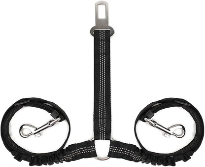 SlowTon Dog Seat Belt, Double Dog Seatbelt Adjustable Vehicle Safety Leash with Elastic Bungee Buffer, Reflective No Tangle Y Shape Two Dog Harness Seat Belt Splitter for Pets Car Trip (Black, M)