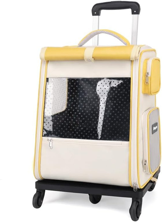 Rolling Pet Carrier Backpack with Wheels, Large Soft Sided Wheeled Dog Carrier Cat Travel Carrier Airline Approved for Small Dogs and Medium Cats with Upgraded Wheels Yellow