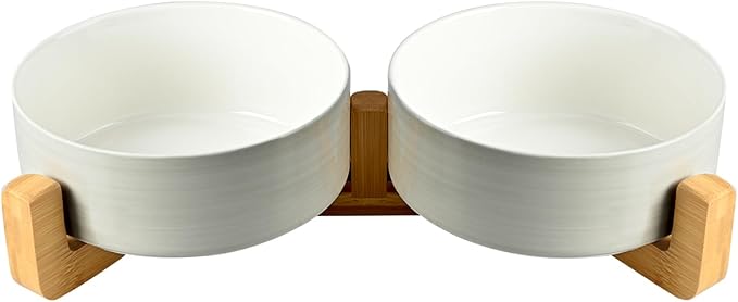 SPUNKYJUNKY Ceramic Dog and Cat Bowl Set with Wooden Stand, Modern Cute Weighted Food Water Bowl Set for Medium Size Dogs (3.6 Cups, 2 × Light Grey-White)