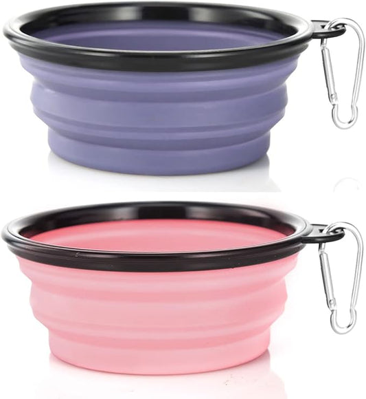 Dog Bowl Pet Collapsible Bowls, 2 Pack Collapsible Dog Water Bowls for Cats Dogs, Portable Pet Feeding Watering Dish for Walking Parking Traveling with 2 Carabiners (Small, Purple+Fairy Pink)