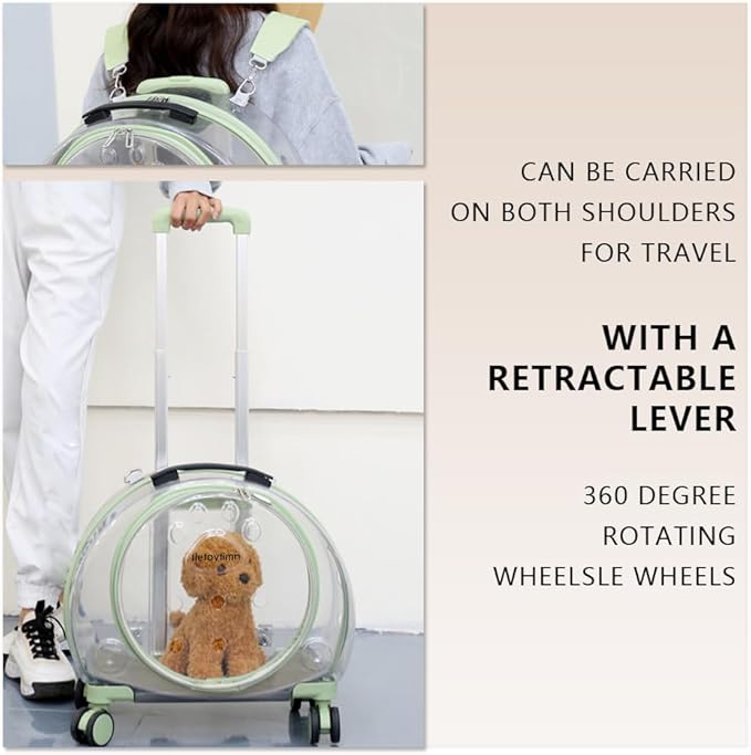 Portable pet Trolley Box, cat Stand, Retractable Trolley Box with Silent Wheels, pet Outdoor Backpack, Bubble Box, Comfortable and Breathable, Suitable for Small Cats, Dogs, Rabbits (Light Green)